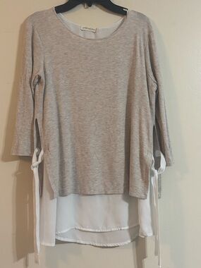 pebble and stone Beige Knit Tunic with White Chiffon Hem and Side Ties